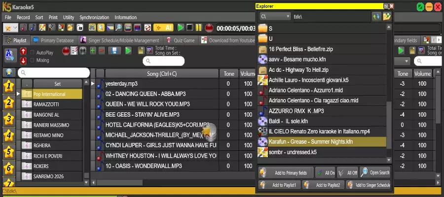 Karaoke5 explorer and dual playlists